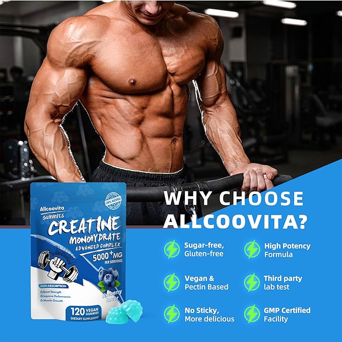 NSF Certified Creatine Gummy - Creatine Monohydrate Gummies 5000mg for Men & Women -120 Gummies Advanced Formula, Muscle Strength, Muscle Builder, Energy Boost, Pre-Workout Supplement-Blueberry