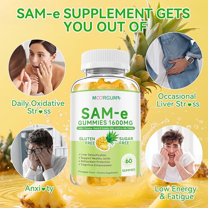 SAM-e L-Tyrosine Gummies with NAC, CoQ10 & Vitamin B Complex, 1600mg SAM-e, 1500mg L-Tyrosine Supplement for Energy, Cellular Antioxidant Support, Emotional Well-Being Support, 60 Count