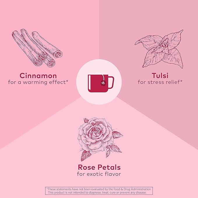ORGANIC INDIA Tulsi Cinnamon Rose Tea Bags - Tulsi Rose, Cinnamon with Holy Basil, Chamomile, Stevia, USDA Certified Organic Caffeine Free Herbal Tea - 18 Infusion Bags, 2 Pack