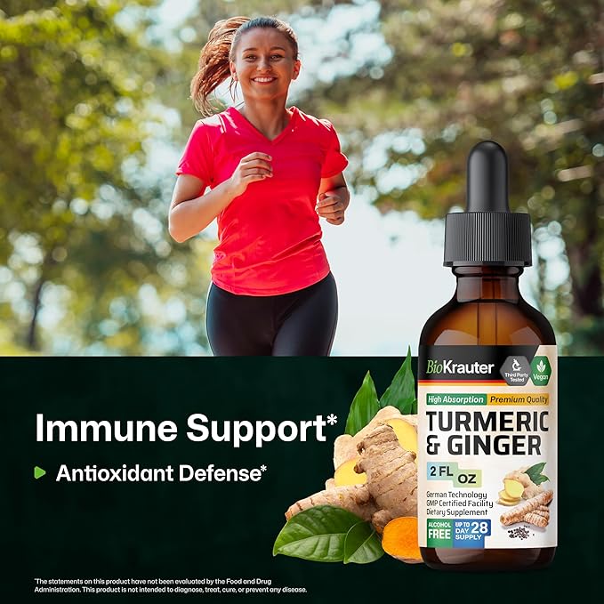 BIO KRAUTER® Turmeric and Ginger Supplement - Pure Vegan Liquid Turmeric & Ginger Tincture with Pepper 2 Fl.Oz 28 Days of Supply - Curcumin Drops for Joint Support, Antioxidant & Immune Support