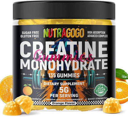 NSF Certified Creatine Gummy - Creatine Monohydrate Gummies for Men & Women-5g of Creatine Monohydrate per Serving - Sugar Free,Vegan, Organe Electrolyte Chews, 135 Count