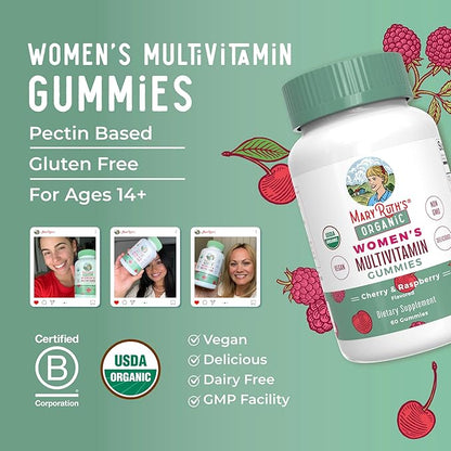MARYRUTH'S Multivitamin Gummies for Women Ages 14+ | Immune Support | Hair & Skin Health | Reproductive Health | Vitamin A C D E B6 B12 Biotin Zinc Iodine | Organic | Vegan | Non-GMO | 60 Count