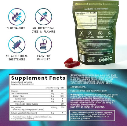 Fiber Gummies with Magnesium Citrate – Extra Strength Gut & Bowel Support, Mixed Berry Flavor, Non-GMO, Gluten-Free, Vegan, Constipation Relief Supplement – 60 Gummies
