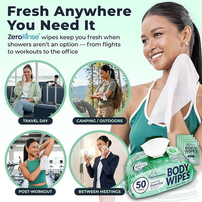 Body Wipes for Women, Extra Moist No Rinse Bathing Sheets 4pk, 200 XL Shower Cloths + 16 Deodorizing Bath Wipes -10 x 11.5" Travel Size Essentials,Toiletries for Womens Hygiene & Post Workout Cleanup
