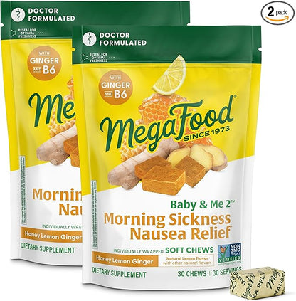 MegaFood Baby & Me Prenatal Morning Sickness Relief, Ginger Chews, with Vitamin B6, Made Without 9 Food Allergens, Honey Lemon Ginger Flavor, 30 Chews (Pack of 2)