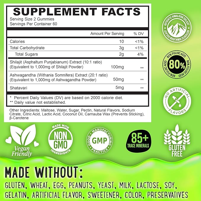 OH MY CHEWY Pure Himalayan Shilajit Gummies - High Potency Gold Grade Resin - Energy Boost and Immune Support for Men and Women with Ashwagandha and Shatavari - 120 Gummy - Apple & Kiwi