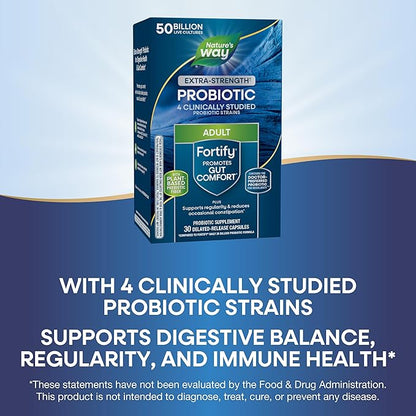 Nature's Way Extra Strength(1) Fortify Probiotic,Probiotics for Digestive Health,Prebiotics,50 Billion Live Cultures,Digestive & Immune Health Support*,30 Capsules,(Pack of 2)