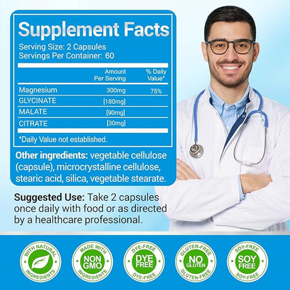 ASSR Triple Magnesium Complex – 300mg Magnesium Supplement with Glycinate, Malate & Citrate – Supports Relaxation, Muscle & Nerve Function – High Absorption, Vegan, Non-GMO, 120 Capsules