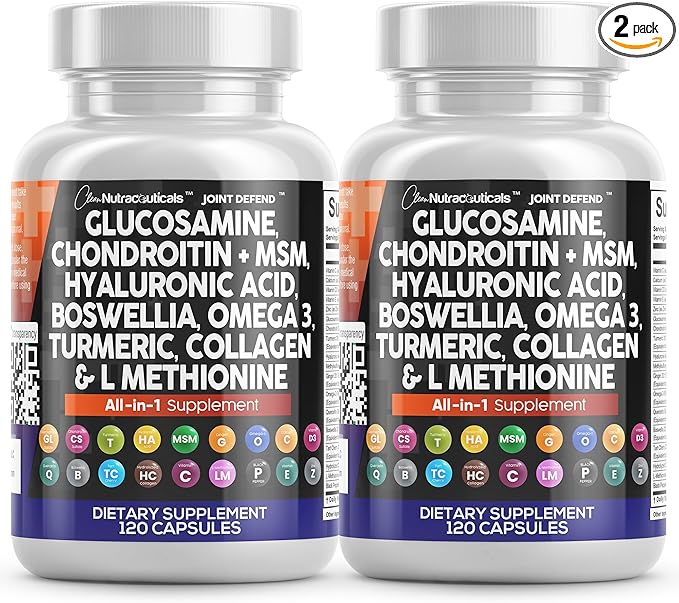 Clean Nutraceuticals Glucosamine Chondroitin MSM 1500mg with Turmeric Curcumin, Collagen, Hyaluronic Acid, Omega 3 – Joint Health Supplement for Men & Women (120 Count (Pack of 2))