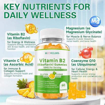 Vitamin B2 Gummies, Riboflavin Supplement for Kids & Adults, with Magnesium Glycinate, CoQ10 and Vitamina C, for Women and Men, Energy, Immune Wellness & Cellular Health Support, 60 Count