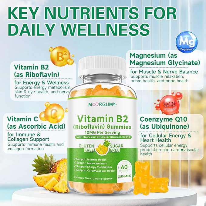 Vitamin B2 Gummies, Riboflavin Supplement for Kids & Adults, with Magnesium Glycinate, CoQ10 and Vitamina C, for Women and Men, Energy, Immune Wellness & Cellular Health Support, 120 Count