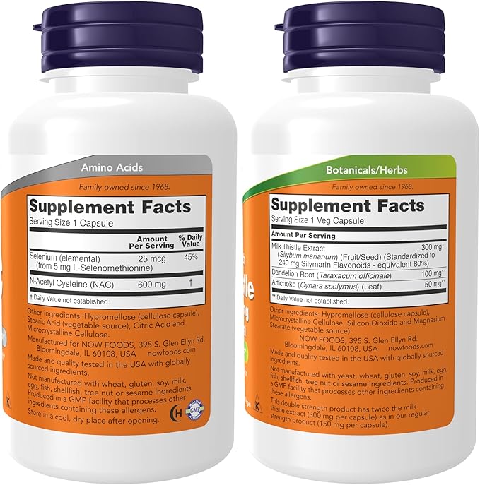 NOW Foods Supplements, NAC (N-Acetyl Cysteine) 600 mg with Selenium, 100 Capsules with Now Supplements, Silymarin Milk Thistle Extract 300 mg with Artichoke and Dandelion,100 Veg Capsules