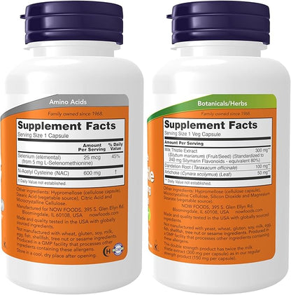 NOW Foods Supplements, NAC (N-Acetyl Cysteine) 600 mg with Selenium, 100 Capsules with Now Supplements, Silymarin Milk Thistle Extract 300 mg with Artichoke and Dandelion,100 Veg Capsules