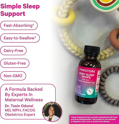 Pink Stork Baby Sleep Drops, Naturally Support Sleep Without Melatonin for Infants, Toddlers, and Kids, Aid Sleep with Chamomile and Magnesium, Baby Essentials for Bedtime, 1 oz, 30 Servings