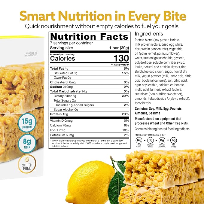Wonderslim High Fiber Protein Bars, Fluffy Lemon Crisp | 15g Protein, 8g Fiber | Low Sugar, Low Carb | Healthy Indulgence | Satisfying, Supports Energy & On-the-Go Convenience, 7 Pack
