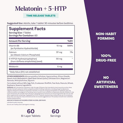 Natrol Melatonin + 5-HTP Time Release Sleep Aid, Triple Action Formula, Calm the Mind, Fall Asleep Faster and Stay Asleep Longer, 60 Bi-Layer Tablets, Up to a 60 Day Supply
