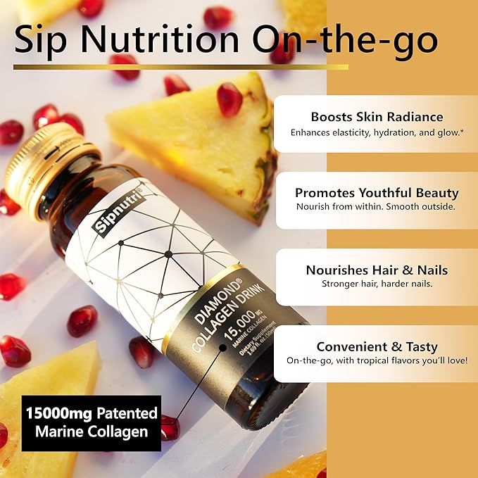 Diamond Marine Collagen Drink, Gift for Mom, 15000mg Hydrolyzed Collagen Peptides with Vitamin C, Pomegranate, Healthy Hair Skin Nails Joints Bones Support, 50 ml x 10 Bottles