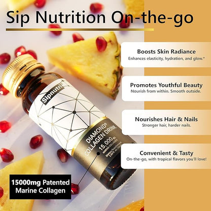 Diamond Marine Collagen Drink, Gift for Mom, 15000mg Hydrolyzed Collagen Peptides with Vitamin C, Pomegranate, Healthy Hair Skin Nails Joints Bones Support, 50 ml x 10 Bottles