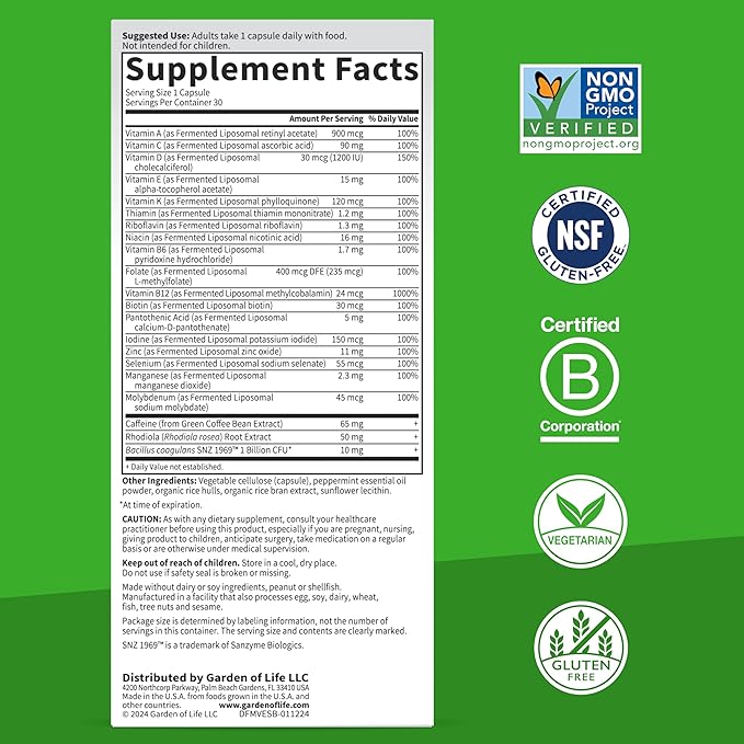 Garden of Life Dr. Formulated Multi+ Energy Support Capsule with Green Coffee Bean, Rhodiola & Probiotics – Energy and Immune Support, Non-GMO, Gluten-Free, 30 Capsules