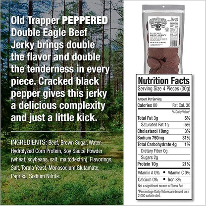 Old Trapper Peppered Double Eagle Beef Jerky | Real Wood Smoked | 10g of Protein | 1 Bag (80 Pieces)
