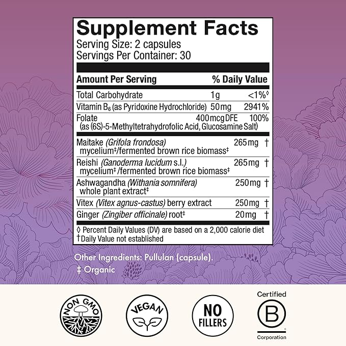 Host Defense MycoBenefits PMS Capsules - Mushroom Supplement for Women's Health Support - Support for Monthly Hormonal Fluctuations - Includes Maitake, Reishi, Vitex - 60 Capsules (30 Servings)