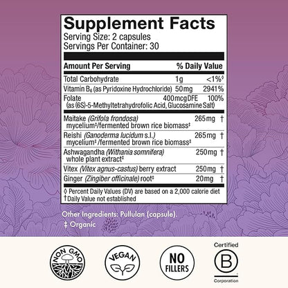 Host Defense MycoBenefits PMS Capsules - Mushroom Supplement for Women's Health Support - Support for Monthly Hormonal Fluctuations - Includes Maitake, Reishi, Vitex - 60 Capsules (30 Servings)