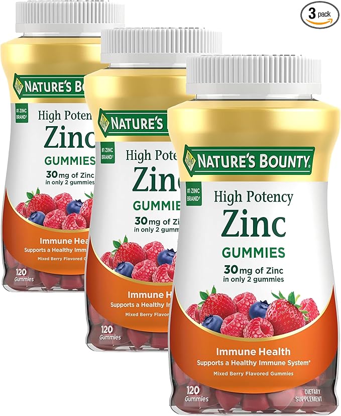 Nature’s Bounty Zinc Gummies, Immune Support Gummies, Supports Skin & Antioxidant Health, Mixed Berry, 30mg, 120 Count (Pack of 3)