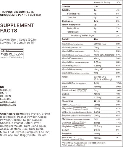 TRU Supplements Plant Based Protein Powder, BCAA, EAA, 20g Vegan Brown Rice & Pea Protein, 100 Calories, 27 Vitamins, No Artificial Flavors 25 Servings (Chocolate Peanut Butter)