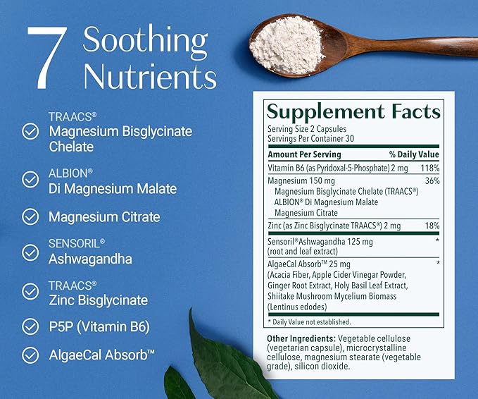 AlgaeCal Magnesium Relax™ - Chelated Magnesium with Ashwagandha for Sleep & Occasional Anxiety - Glycinate, Malate, Citrate - Sleep, Mood, & Cortisol Support (60 Caps - 1 Month Supply)