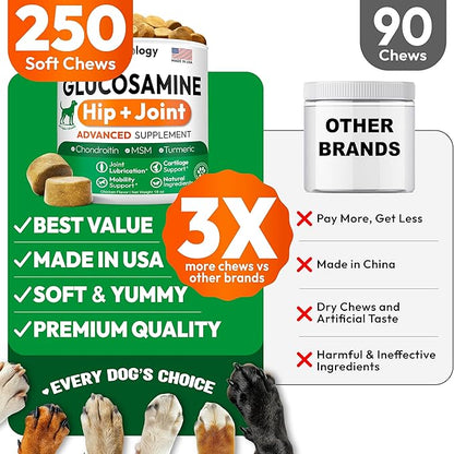 Glucosamine for Dogs - 250 Chews with Chondroitin - Hip and Joint Supplement with MSM - Turmeric - Omega 3 - Joint Pain Relief - Advanced Support for Dog Health - For Large, Medium & Small Breeds