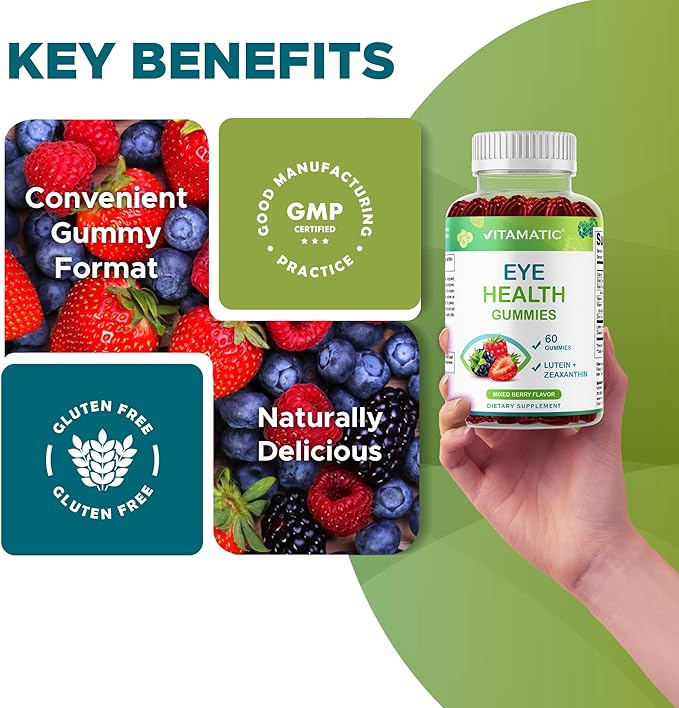 Vitamatic Eye Health Gummies with Lutein, Zeaxanthin, Vitamin C, E & Zinc – Mixed Berry Flavor – 60 Gummies –Non-GMO, Gluten-Free