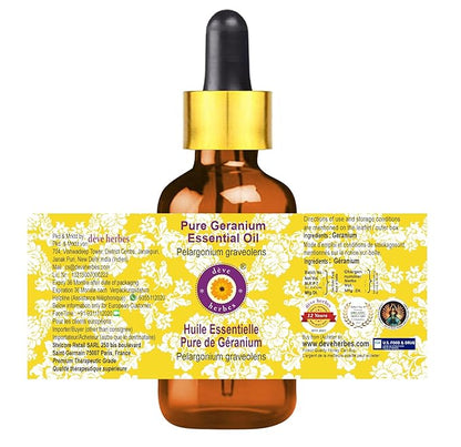 Deve Herbes Pure Geranium Essential Oil (Pelargonium graveolens) with Glass Dropper Steam Distilled 10ml (0.33 oz)