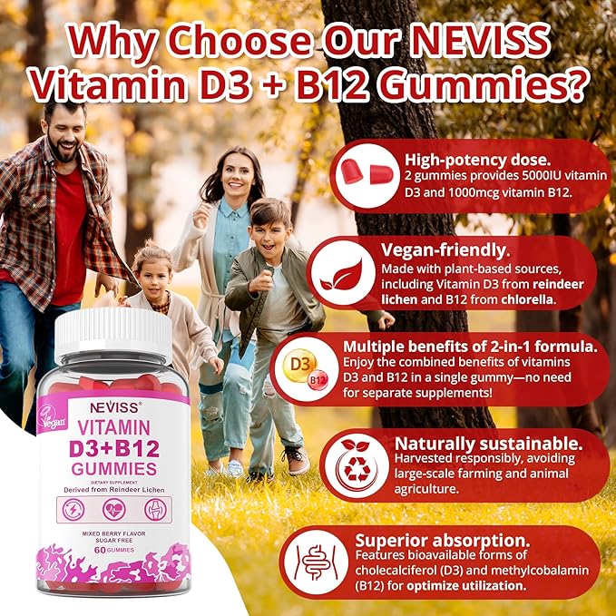 NEVISS Vegan Vitamin D3 + Vitamin B12 Gummies, High Potency D3 5000IU & 1000 mcg Methylated B12, Vitamin D3 and B12 for Adults, Support Bone Health, Immune & Energy Supplement, 60 Count