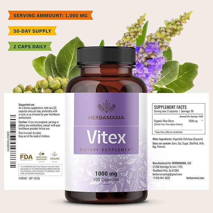HERBAMAMA Vitex Berry Capsules – Natural Menopause Supplements* for Women – 1000mg Vitex Chasteberry Fruit per Serving for Menopause Support* – Vegan, Non-GMO – 50-Day Supply