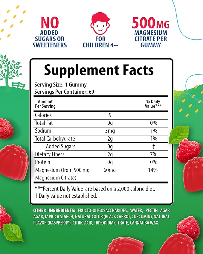 Sugar-Free Magnesium Gummies for Kids & Teens - 500mg Calm Magnesium Citrate Gummies - Kids Magnesium Gummy - Chewable Magnesium Gummy Supplement for Sleep, Mood & Muscle Support - 2Pack