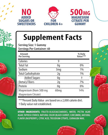 Sugar-Free Magnesium Gummies for Kids & Teens - 500mg Calm Magnesium Citrate - Chewable Magnesium Gummy Supplement for Sleep, Mood & Muscle Support - Citrato de Magnesio para Niños - 60 Days Supply