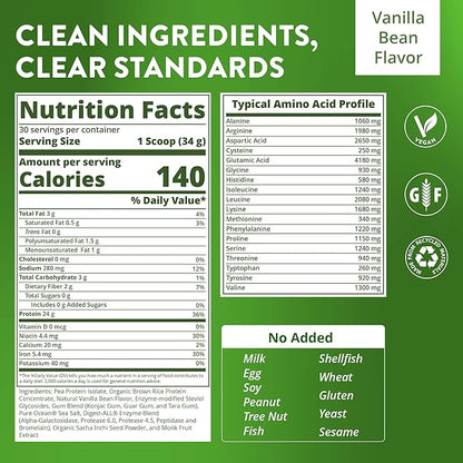 MRM Veggie Elite Performance Protein - Vanilla Bean, Plant-Based Powder, 24g Protein per Serving with BCAAs & Digestive Enzymes, Clinically Tested - Vegan, Gluten-Free - 30 Servings