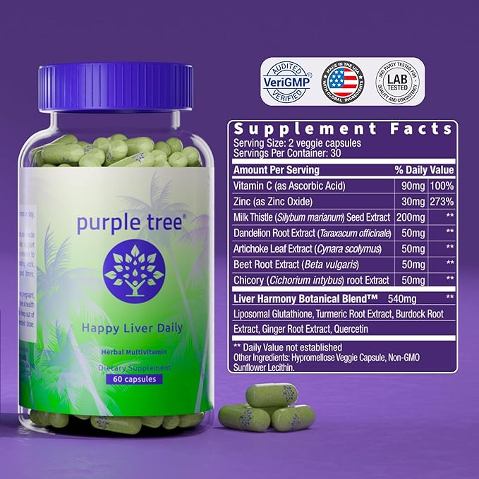 purple tree Happy Liver Daily | Liver Support Supplement with Milk Thistle, Dandelion, Artichoke, Turmeric & Liposomal Glutathione | Antioxidant & Daily Liver Wellness | 60 Vegan Capsules