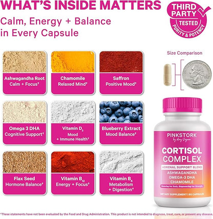 Pink Stork Cortisol Supplements for Women - Adaptogenic Adrenal Support & Hormone Balance with Organic Ashwagandha, Omega 3 DHA, Saffron, Multivitamins - Mood Support - 60 Count