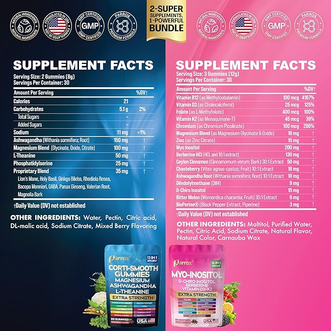 Soothe & Smooth Bundle Gummies - Cortisol & Myo-Inositol Supplement with D-Chiro Inositol, Berberine, Magenesium, Ashwagandha, L-Theanine, Vitamins D3+K2 & B12, Folate, Zinc Lion's Mane (150 Gummies)