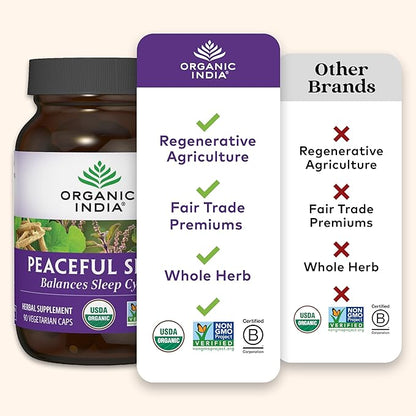 ORGANIC INDIA Peaceful Sleep Herbal Supplement - Deep Sleep Aid for Adults, Natural Herbal Aid Without Melatonin, Supports Circadian Rhythm, USDA Certified Organic, Non-GMO - 90 Capsules