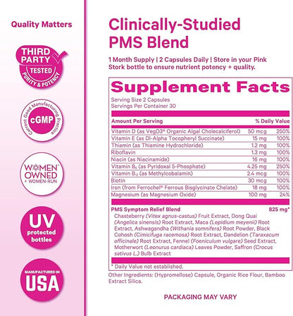 Pink Stork PMS Supplement for Women - Vitex, Ashwagandha, Maca Root & 10 Vitamins & Minerals to Support Hormone Balance, Mood, Bloating, Period Regularity - 60 Capsules