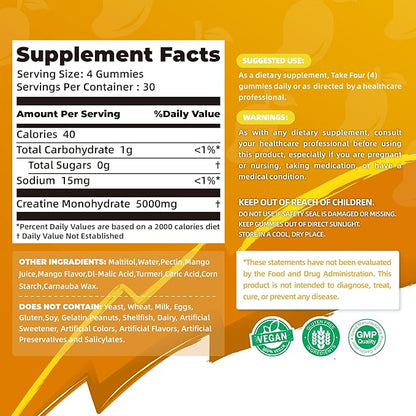 Allcoovita Creatine Monohydrate Gummies 5g for Men & Women. Boost Focus,Strength, and Endurance, Anti-Melting Formula, Vegan, Gluten-Free, Non-GMO,(Mango 120 ct)