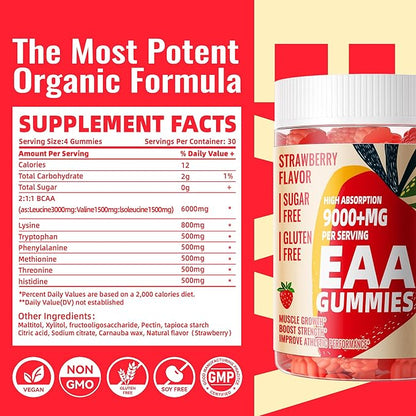Pets Purest EAA Gummies 120 Gummies (Strawberry), Essential Amino Acids - All 9 Essential Aminos (EAA) and All Branched-Chain Aminos (BCAAs), Non-GMO, Gluten Free, Vegetarian Friendly