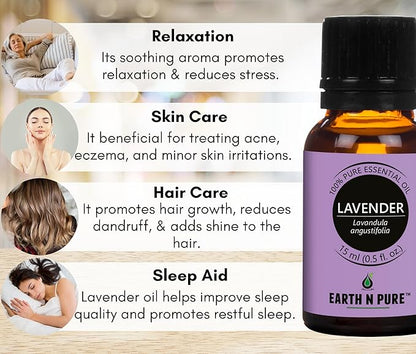 Earth N Pure Levander Essential Oil | 100% Natural & Therapeutic Grade | Undiluted | For Aromatherapy & Relaxation | Stress Relief | Soap, Candle Making | Skincare, DIY & Meditation | Pack of 2 | 15ML