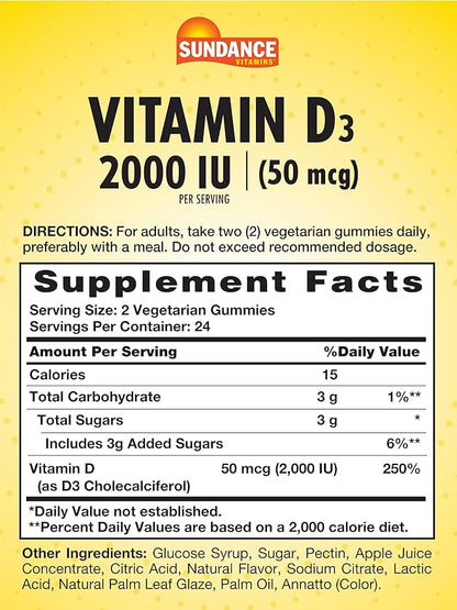 Sundance Vitamin D3 Gummies | 2000 IU | 48 Count | Pineapple Flavor | Vegetarian, Non-GMO, and Gluten Free Supplement
