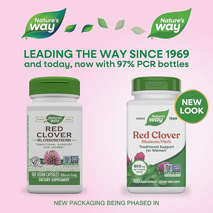 Nature's Way Red Clover Blossom Herb, Traditional Health Support for Women*, 800 mg per 2-Capsule Serving, Non-GMO Project Verified, Red Clover Supplement, 100 Vegan Capsules (Packaging May Vary)