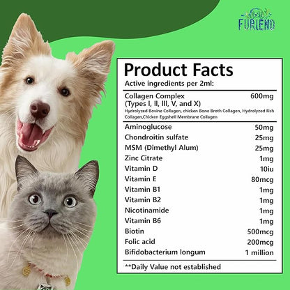 Premium 5X Organic Liquid Collagen for Dogs and Cats | No Chicken | Types I, II, III, V & X Collagen Peptides, MSM and Biotin for Joint, Skin, Coat Health & Immunity | Bacon Flavor 2 fl oz