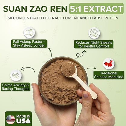 Dimmak Herbs Organic Suan Zao Ren 5:1 Extract (Sour Jujube Seed)- Premium Natural Sleep Aid for Occasional Sleeplessness, Stress Relief & Night Sweats- Calms The Spirit (Shen)- Non-Habit forming (4oz)