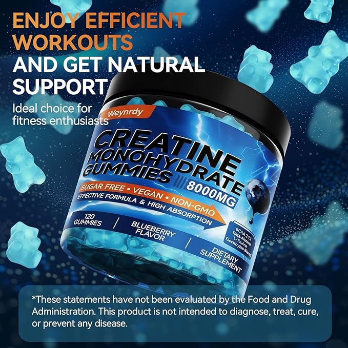 Creatine Monohydrate Gummies Complex 8000mg for Men & Women, Sugar Free Creatine Gummy with L-Taurine, BCAA 2:1, B12＆6, for Muscle Growth, Energy Boost & Recovery, Vegan, Gluten-Free, 120 Count